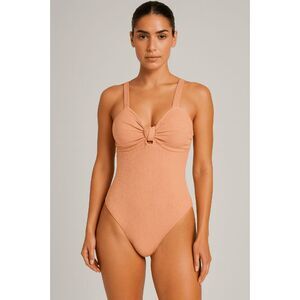 Peach Ribbed One Piece Swimsuit Women’s Knot Front Textured Wide Strap size L